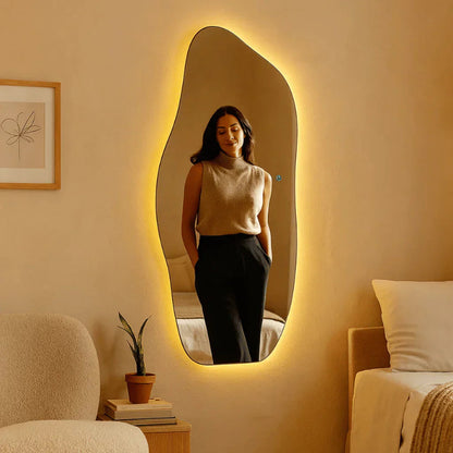 Grand Miroir Organique Mural à LED Tactile - Éclairage Chaud/Froid, 115 x 60 cm