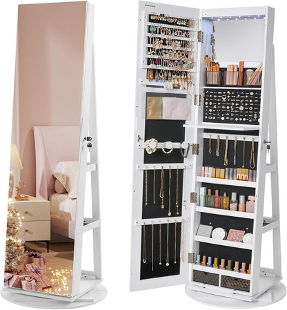 Armoire à Bijoux 3-en-1 avec Miroir Plein Pied Rotatif et Éclairage LED