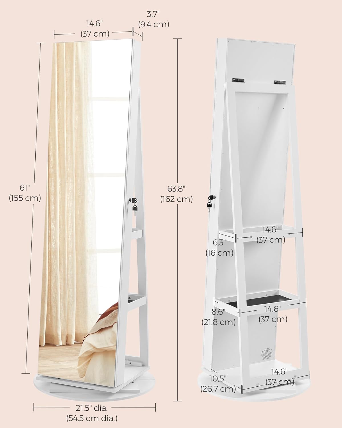 Armoire à Bijoux 3-en-1 avec Miroir Plein Pied Rotatif et Éclairage LED