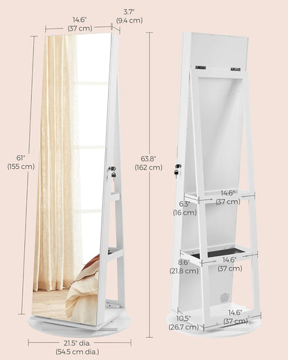 Armoire à Bijoux 3-en-1 avec Miroir Plein Pied Rotatif et Éclairage LED